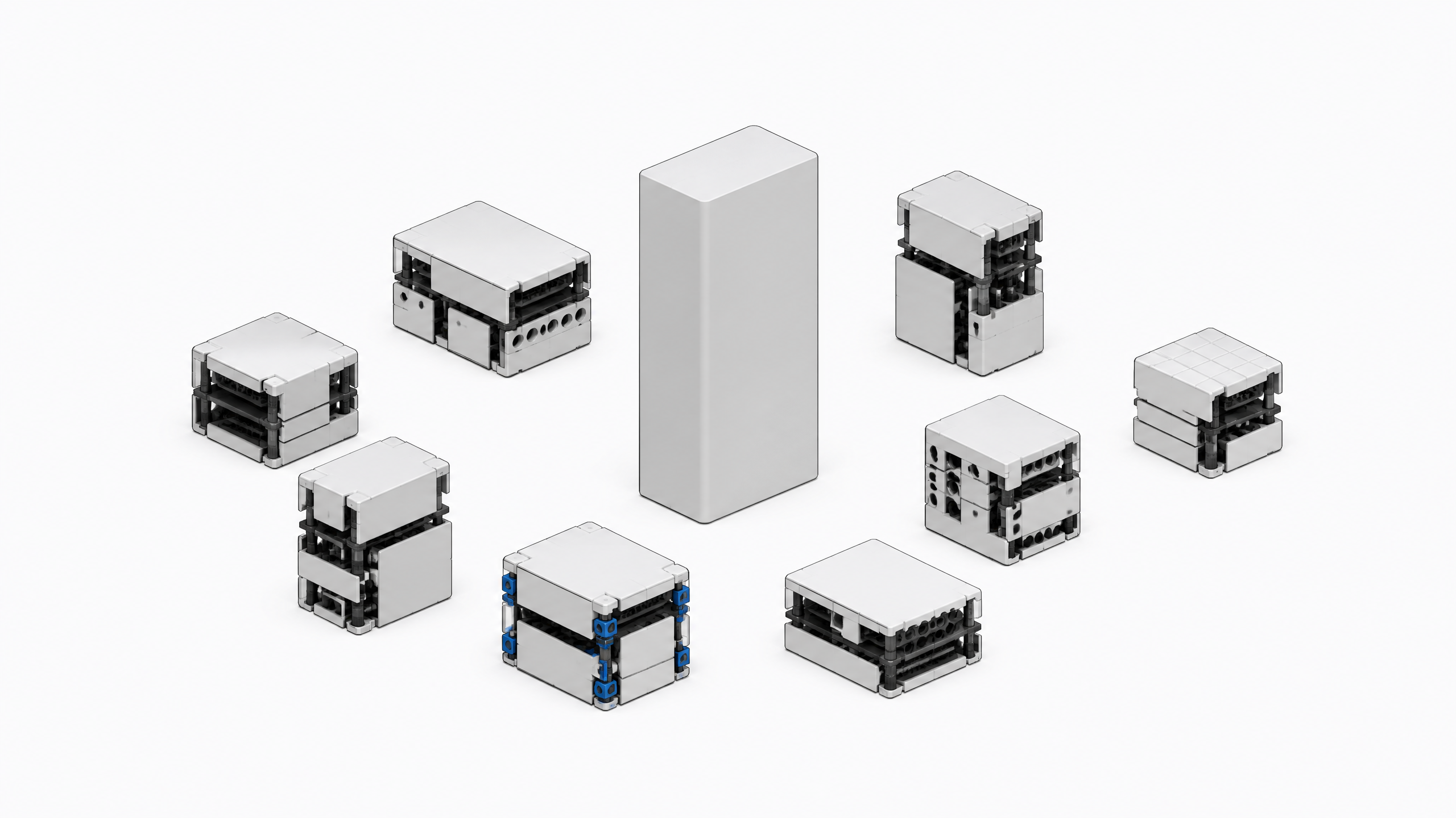A single sealed software module stands apart from a cluster of smaller, modular assemblies built from interlocking parts, illustrating internal tools being self-built instead of bought as one packaged product.