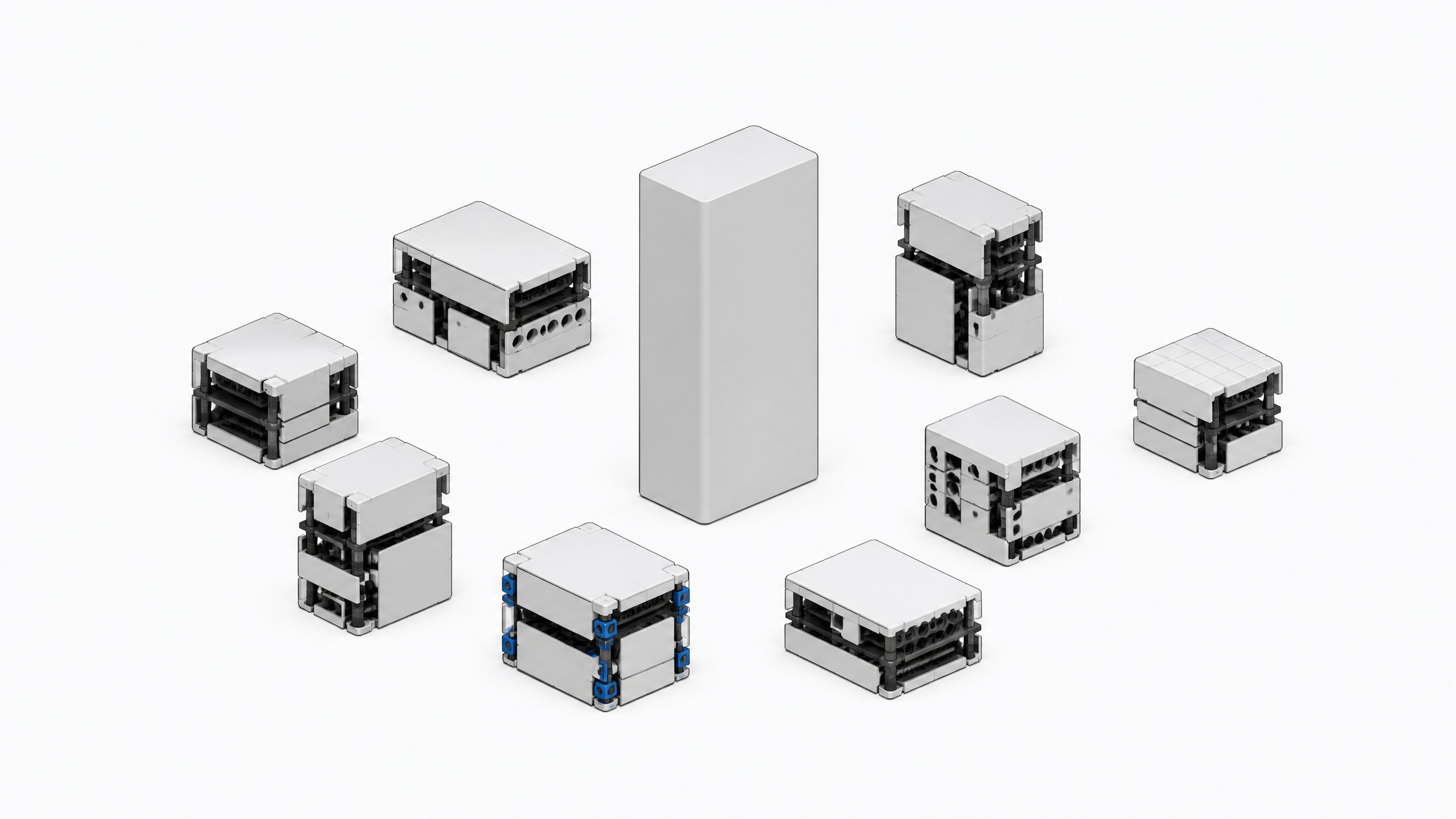 A single sealed software module stands apart from a cluster of smaller, modular assemblies built from interlocking parts, illustrating internal tools being self-built instead of bought as one packaged product.