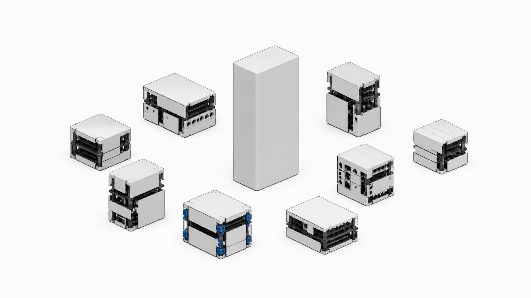 A single sealed software module stands apart from a cluster of smaller, modular assemblies built from interlocking parts, illustrating internal tools being self-built instead of bought as one packaged product.