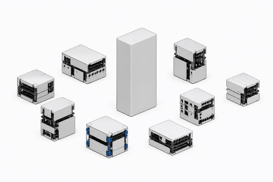 A single sealed software module stands apart from a cluster of smaller, modular assemblies built from interlocking parts, illustrating internal tools being self-built instead of bought as one packaged product.