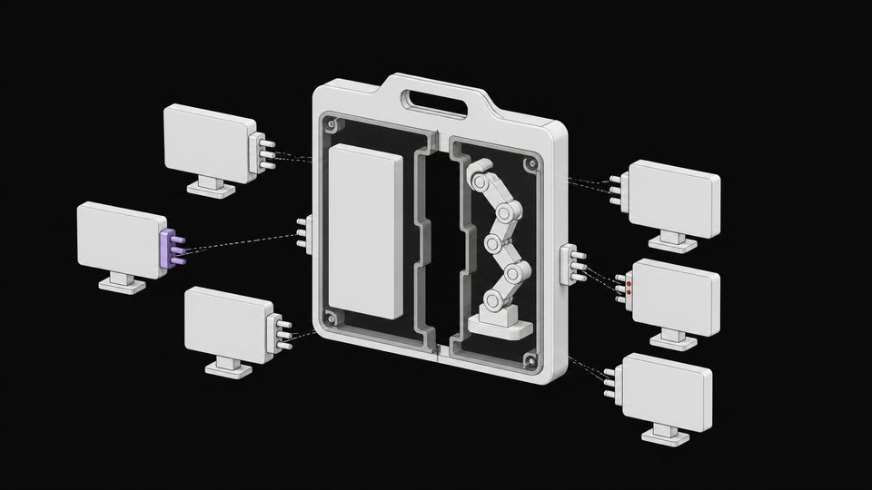 A cutaway diagram of an identity badge module showing an AI-agent-shaped internal profile alongside a static credential profile, surrounded by detachable access-permission plates.