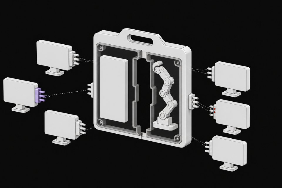A cutaway diagram of an identity badge module showing an AI-agent-shaped internal profile alongside a static credential profile, surrounded by detachable access-permission plates.