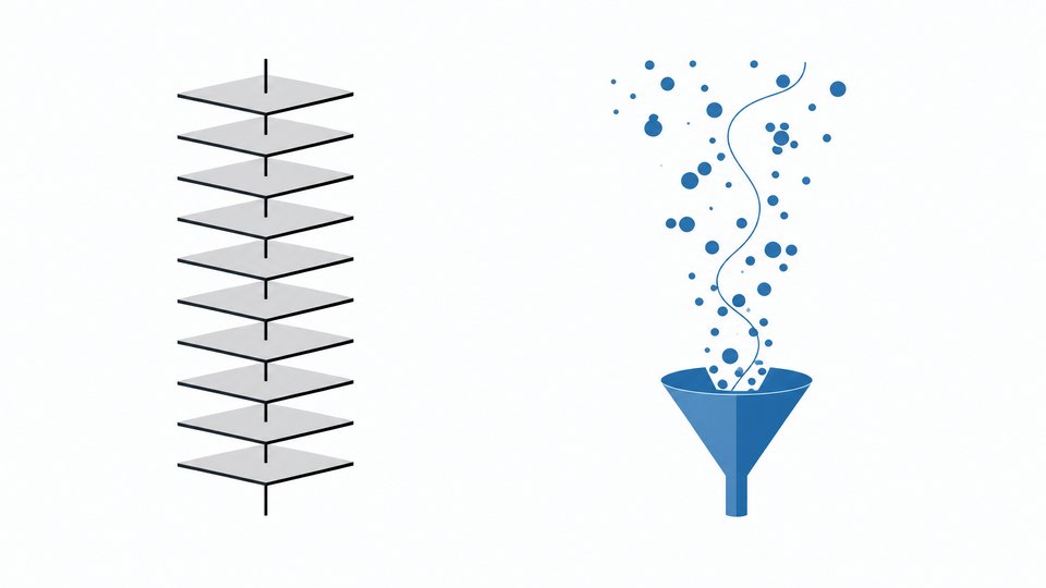 Illustration contrasting a fixed stack of identical plates with a variable stream of small tokens flowing into a funnel, representing flat-fee IDE subscriptions versus usage-based token pricing for AI coding agents.