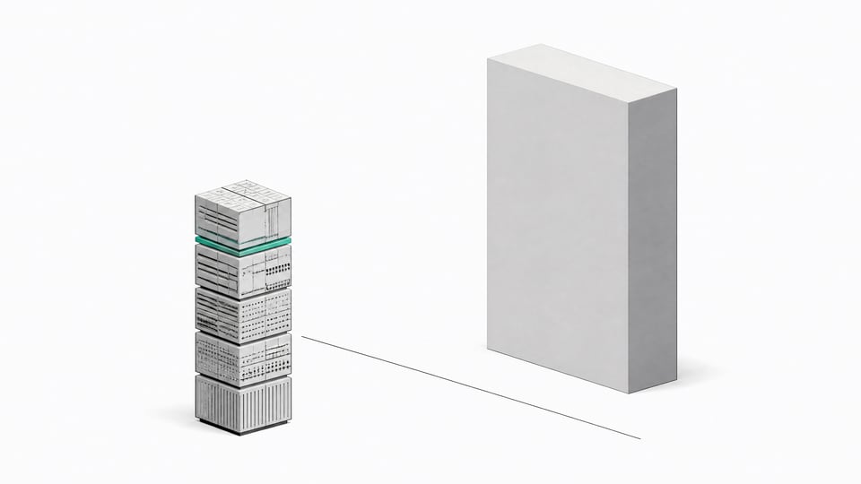 A small tightly interlocked cluster of modular data-processing blocks stands opposite one much larger, plain monolithic block, illustrating a compact custom query engine compared to a massive centralized system.