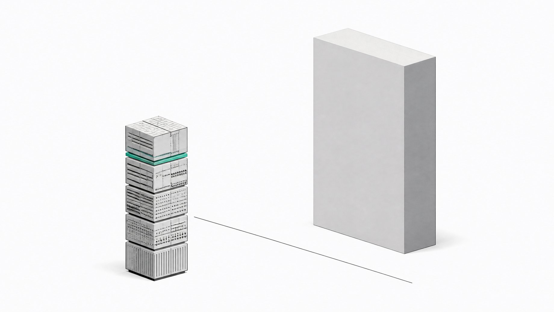 A small tightly interlocked cluster of modular data-processing blocks stands opposite one much larger, plain monolithic block, illustrating a compact custom query engine compared to a massive centralized system.
