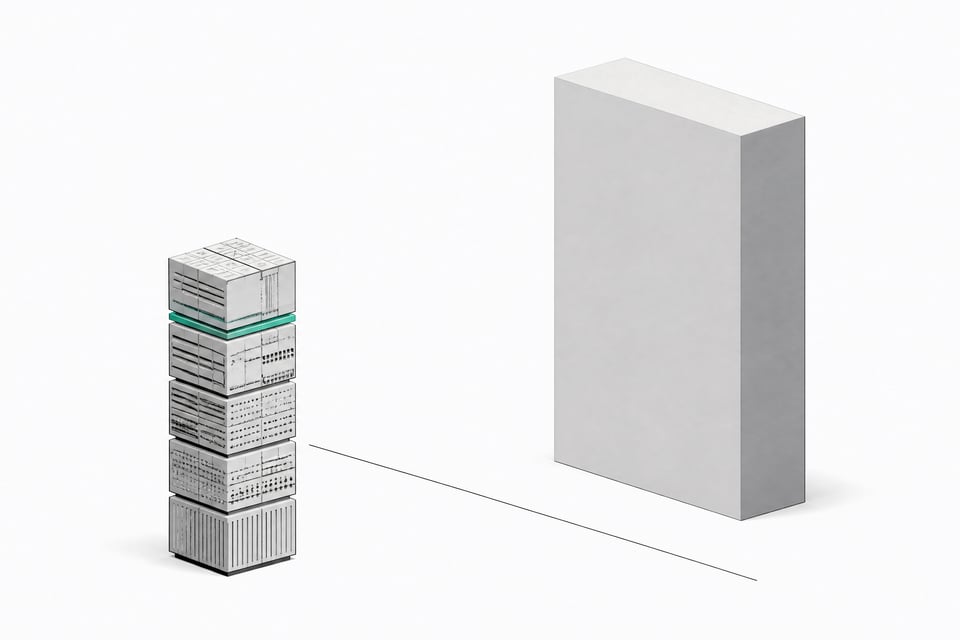 A small tightly interlocked cluster of modular data-processing blocks stands opposite one much larger, plain monolithic block, illustrating a compact custom query engine compared to a massive centralized system.