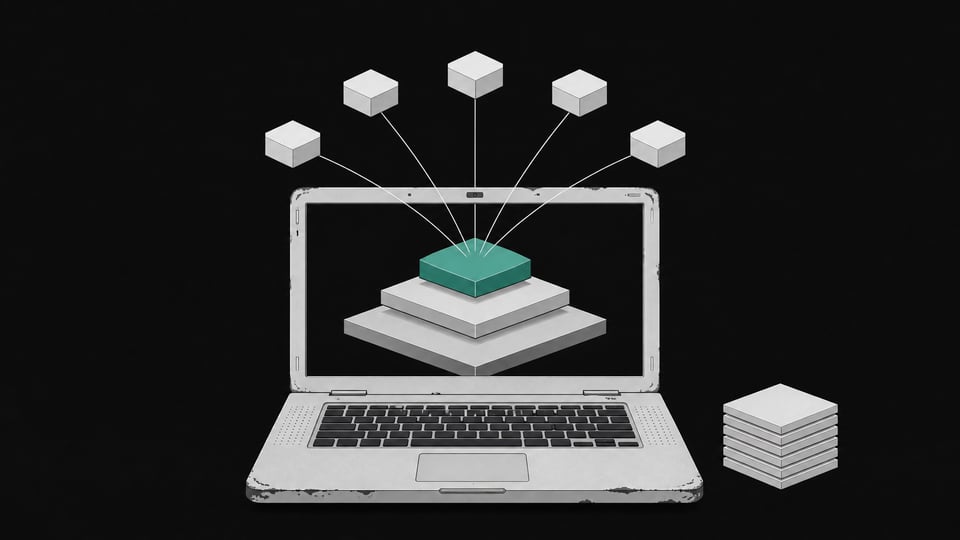 An old laptop displaying a layered diagram of a quantized local AI model split into small connected nodes, illustrating on-device inference without a GPU.