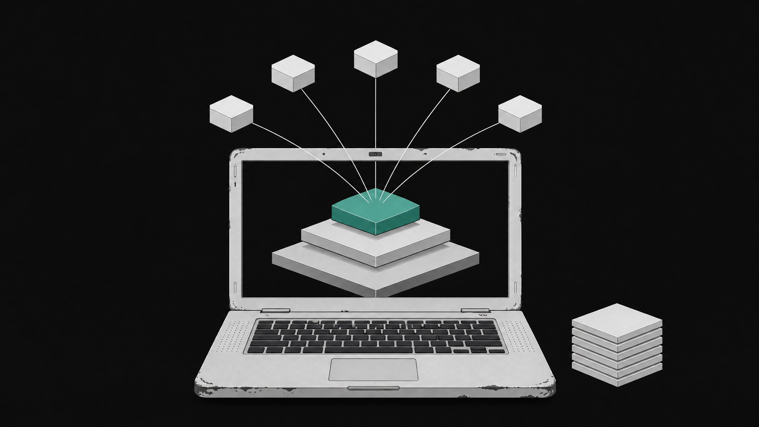 An old laptop displaying a layered diagram of a quantized local AI model split into small connected nodes, illustrating on-device inference without a GPU.