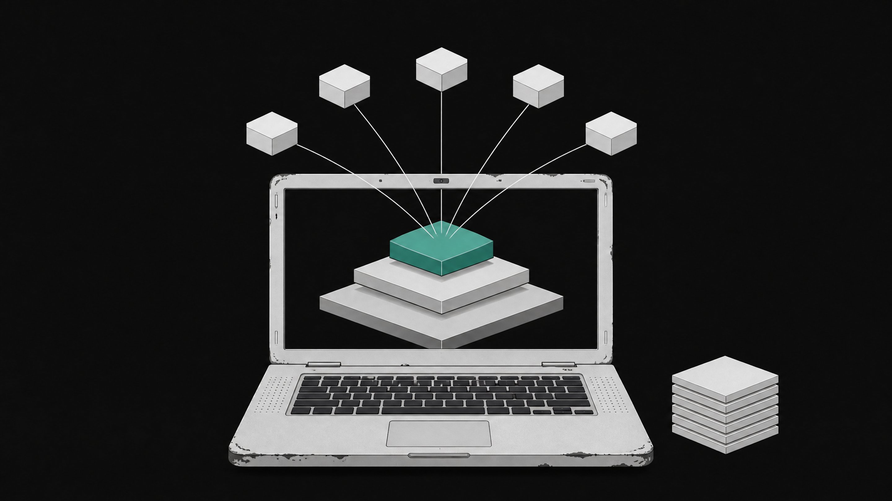 An old laptop displaying a layered diagram of a quantized local AI model split into small connected nodes, illustrating on-device inference without a GPU.
