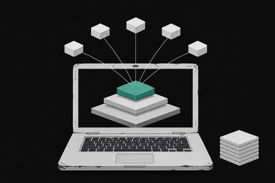 An old laptop displaying a layered diagram of a quantized local AI model split into small connected nodes, illustrating on-device inference without a GPU.