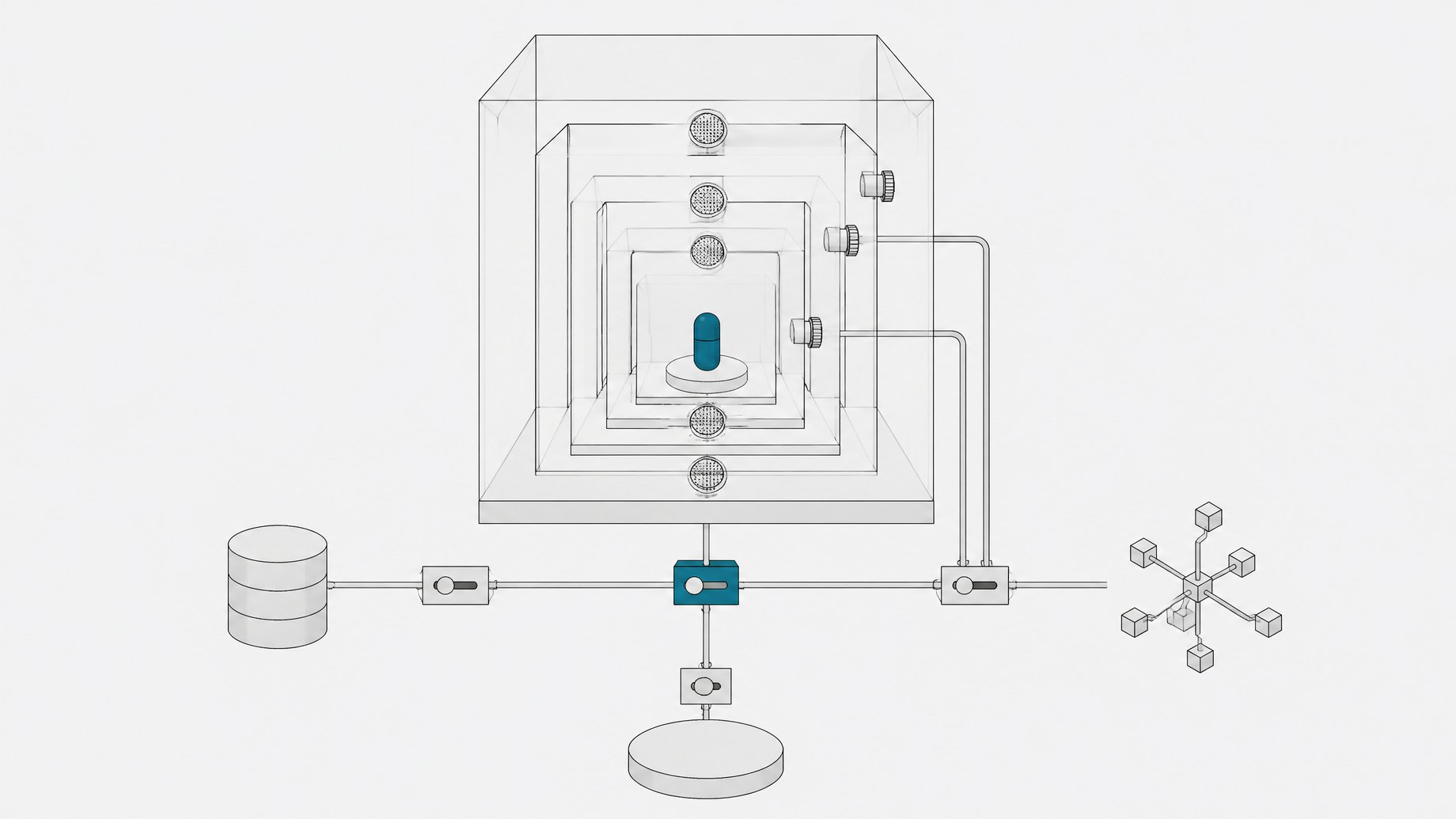 A transparent multi-chamber containment enclosure holding small agent capsules, each connected through gated junctions to data storage, pipeline, and memory nodes.