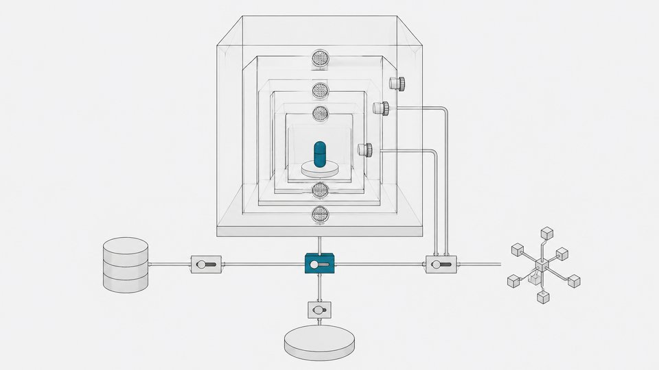 A transparent multi-chamber containment enclosure holding small agent capsules, each connected through gated junctions to data storage, pipeline, and memory nodes.