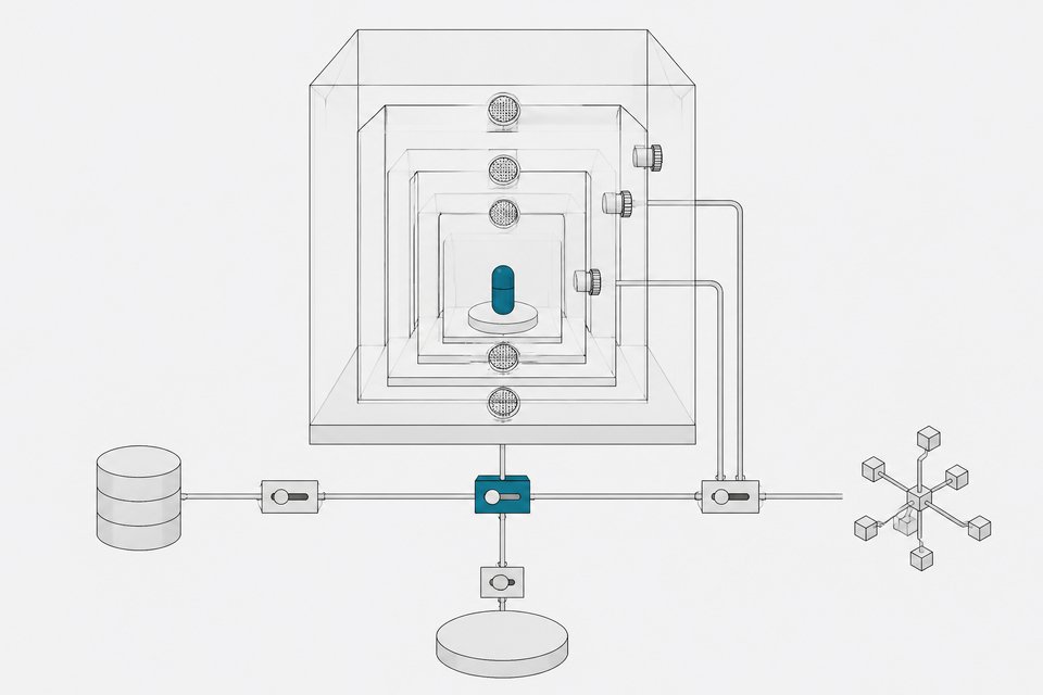 A transparent multi-chamber containment enclosure holding small agent capsules, each connected through gated junctions to data storage, pipeline, and memory nodes.