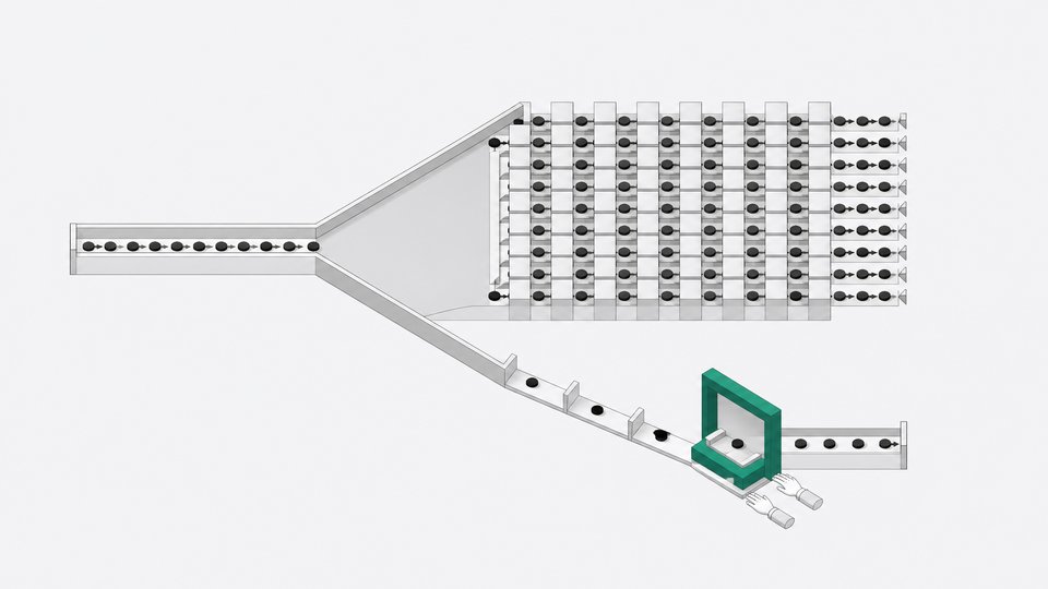 A routing diagram shows most incoming tokens flowing through an automated grid while a few are diverted to a slower, manually checked gate beside a pair of hands.