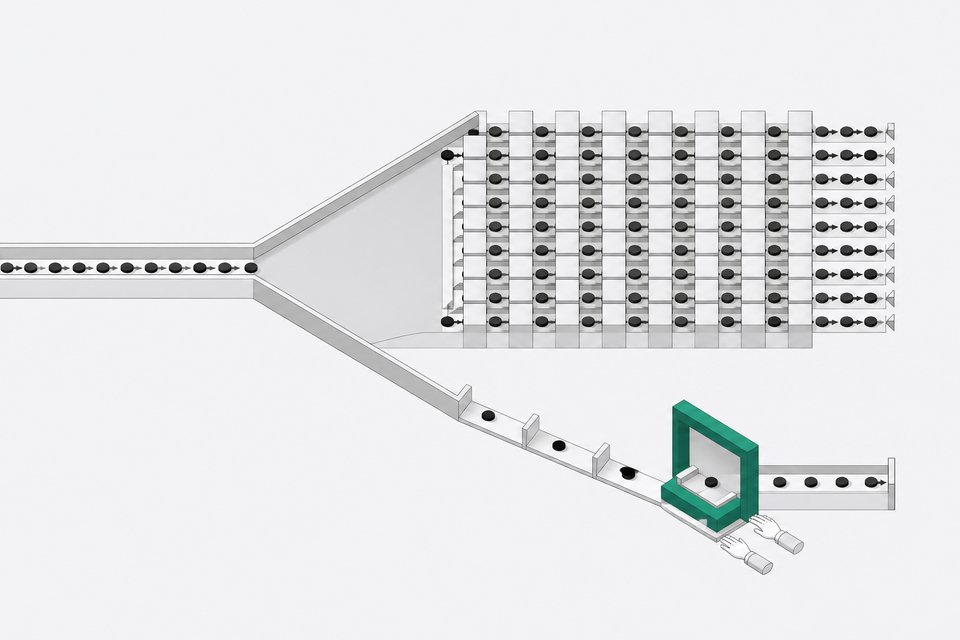 A routing diagram shows most incoming tokens flowing through an automated grid while a few are diverted to a slower, manually checked gate beside a pair of hands.