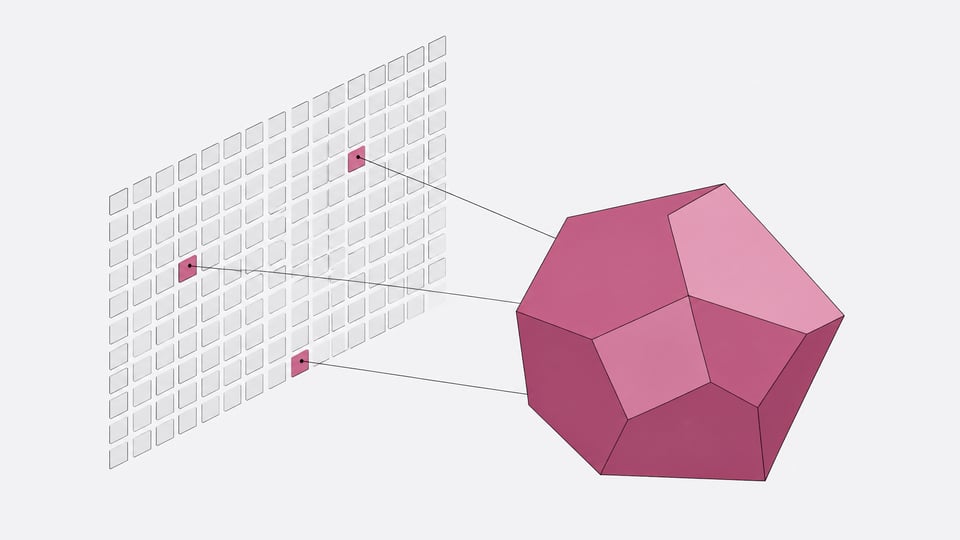 A single modular polyhedron connects selectively to a uniform grid of many identical small tokens, contrasting per-seat licensing with an outcome-based model.