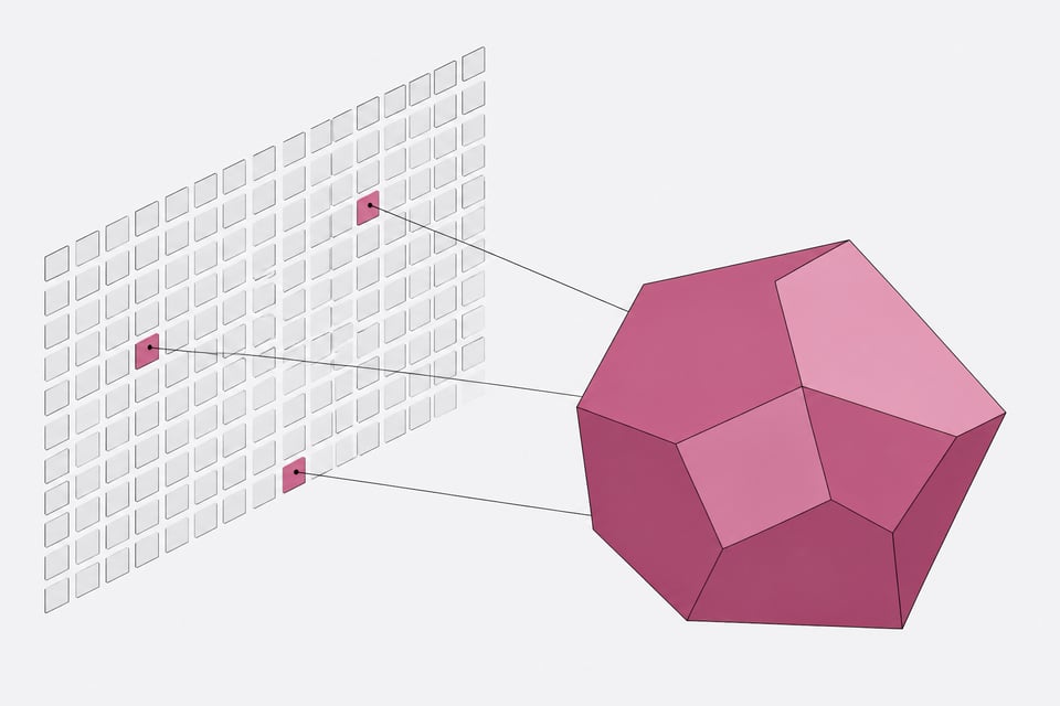 A single modular polyhedron connects selectively to a uniform grid of many identical small tokens, contrasting per-seat licensing with an outcome-based model.