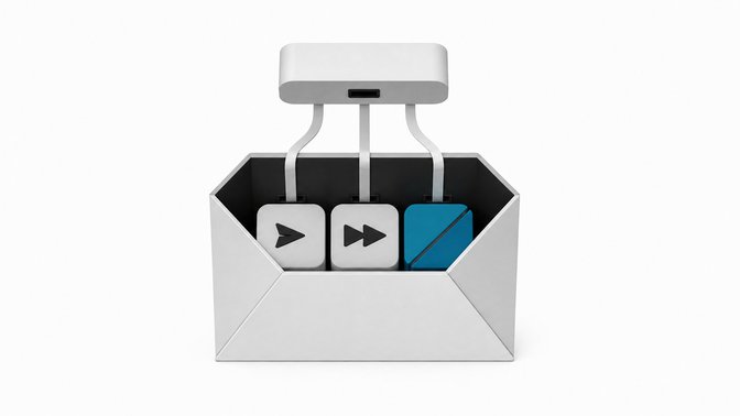 An open envelope containing three distinct permission tokens—send, forward, and delete—wired directly to a small autonomous control module hovering above it, illustrating an AI agent's direct access to email account permissions.