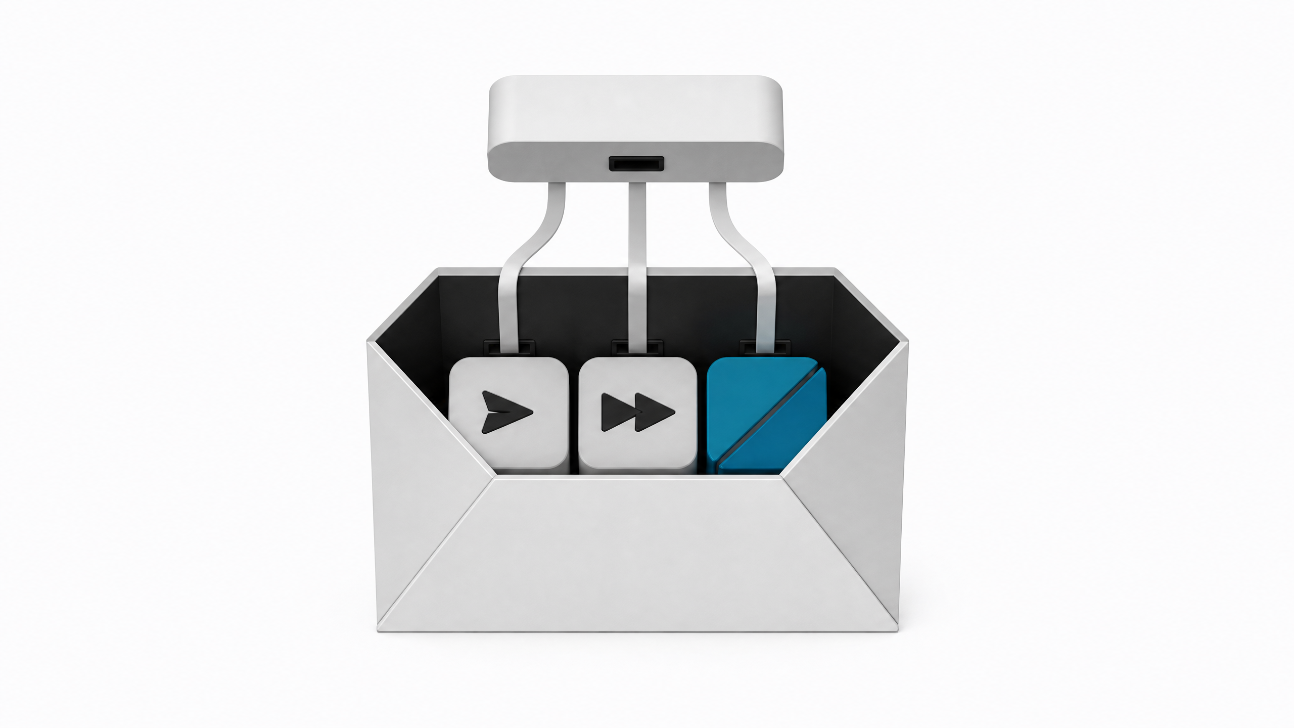 An open envelope containing three distinct permission tokens—send, forward, and delete—wired directly to a small autonomous control module hovering above it, illustrating an AI agent's direct access to email account permissions.