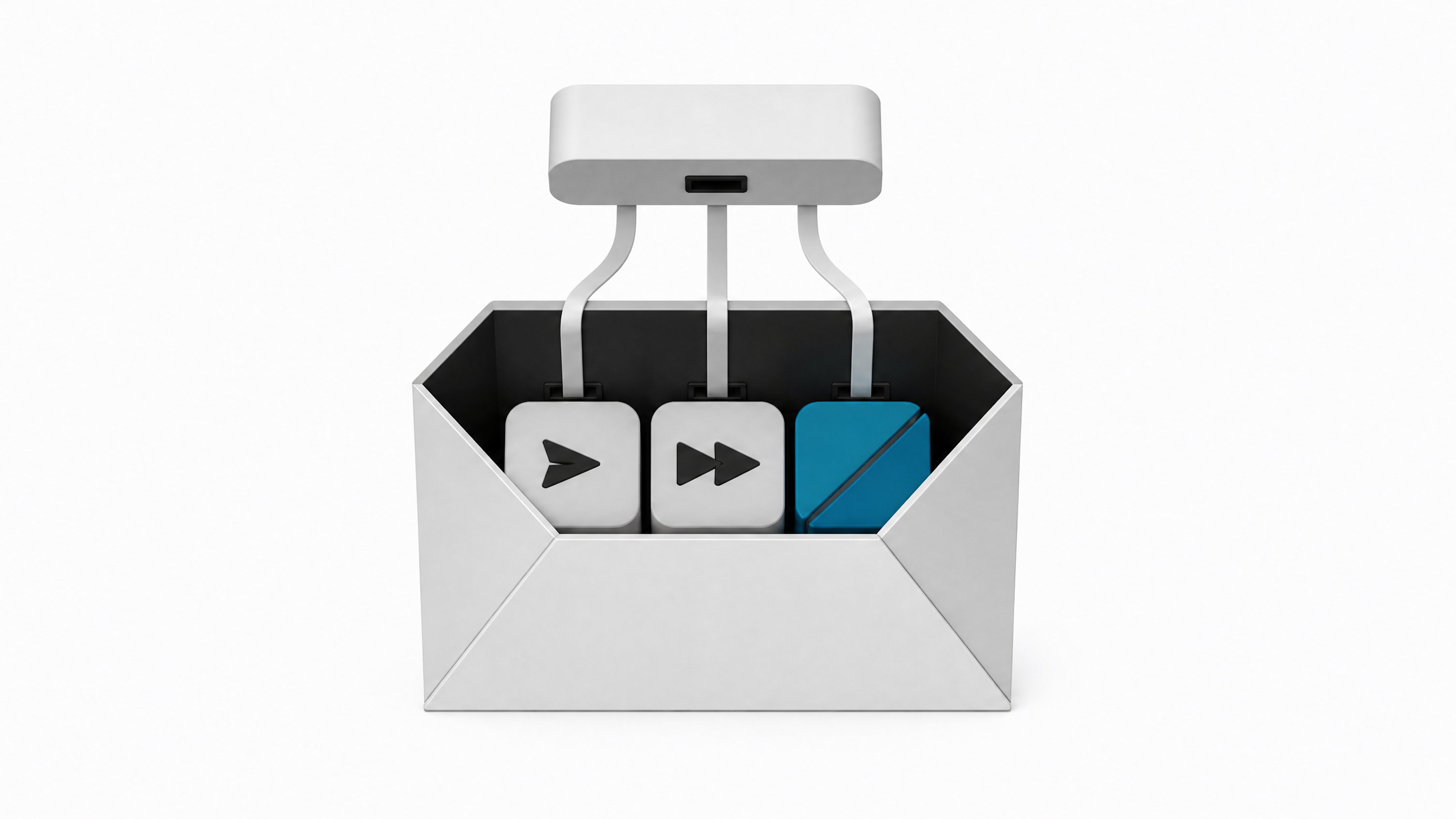 An open envelope containing three distinct permission tokens—send, forward, and delete—wired directly to a small autonomous control module hovering above it, illustrating an AI agent's direct access to email account permissions.