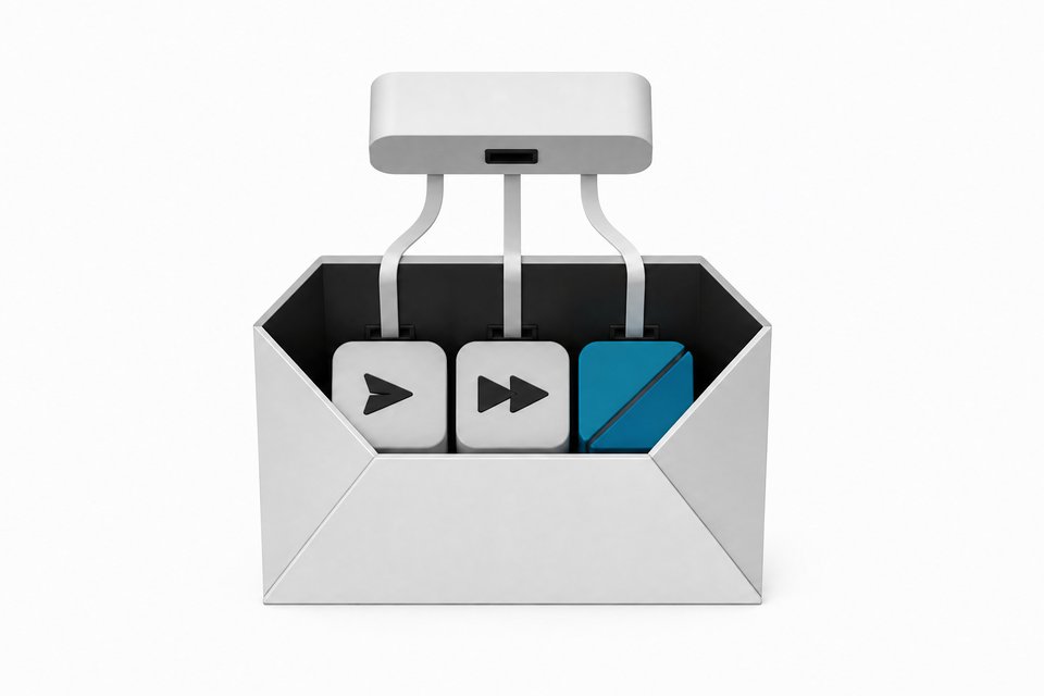 An open envelope containing three distinct permission tokens—send, forward, and delete—wired directly to a small autonomous control module hovering above it, illustrating an AI agent's direct access to email account permissions.