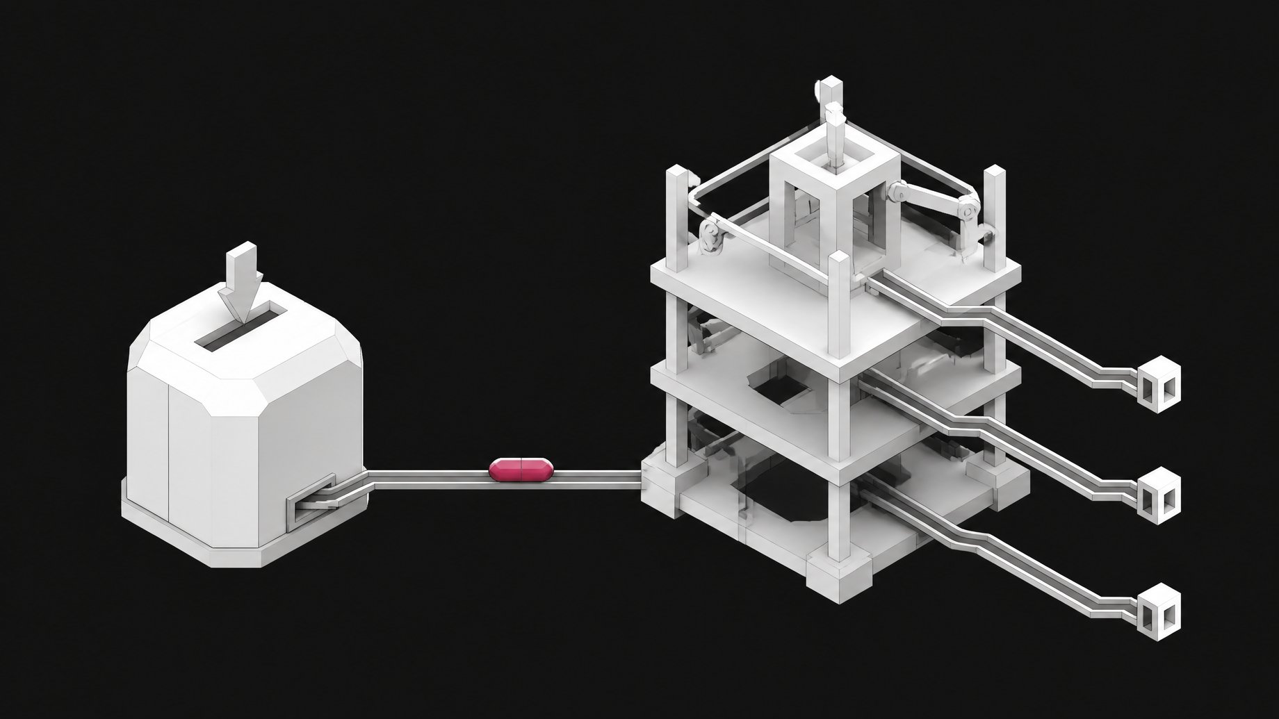Diagram-like illustration showing a small sealed decision module passing a typed token along a conduit to a larger branching execution scaffold.