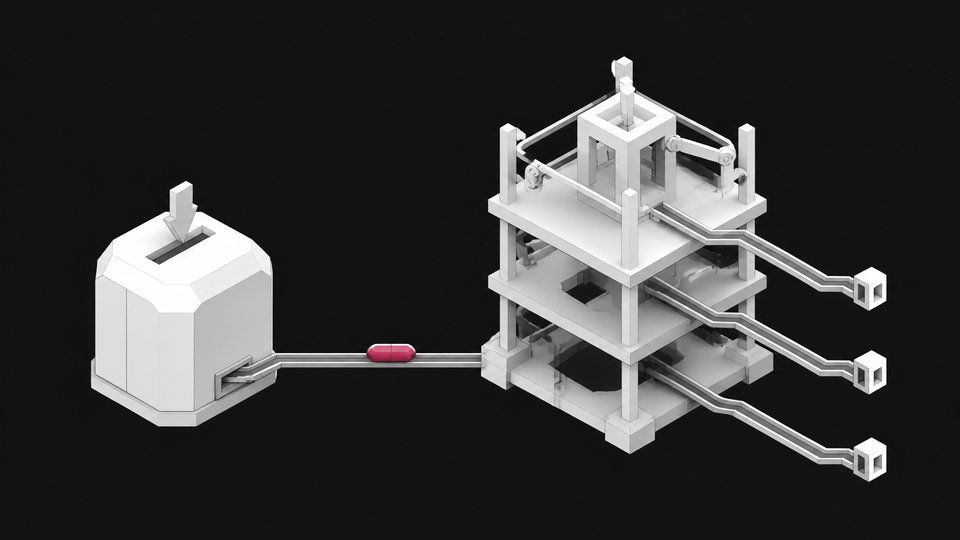 Diagram-like illustration showing a small sealed decision module passing a typed token along a conduit to a larger branching execution scaffold.