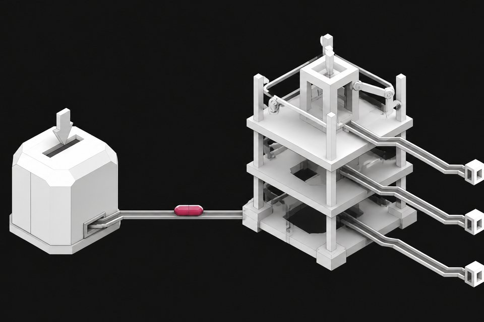 Diagram-like illustration showing a small sealed decision module passing a typed token along a conduit to a larger branching execution scaffold.
