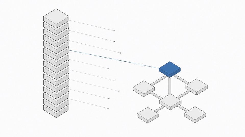 Illustration of a ranked stack of pages connected by threads to a small branching network, with only one node receiving a completed connection, representing how AI assistants select which page to cite rather than simply following search rank.