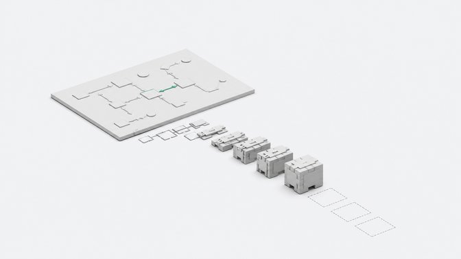 A diagram panel with connected node shapes feeding into a row of blocks that progress from flat outlines to fully formed three-dimensional modules before stopping short, depicting AI code generation from diagrams and its limits.