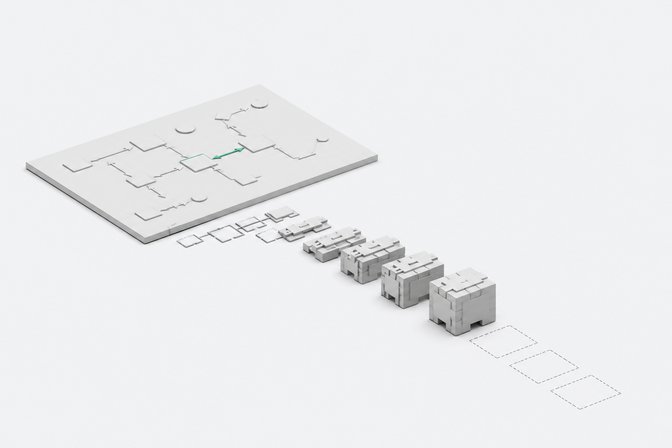 A diagram panel with connected node shapes feeding into a row of blocks that progress from flat outlines to fully formed three-dimensional modules before stopping short, depicting AI code generation from diagrams and its limits.