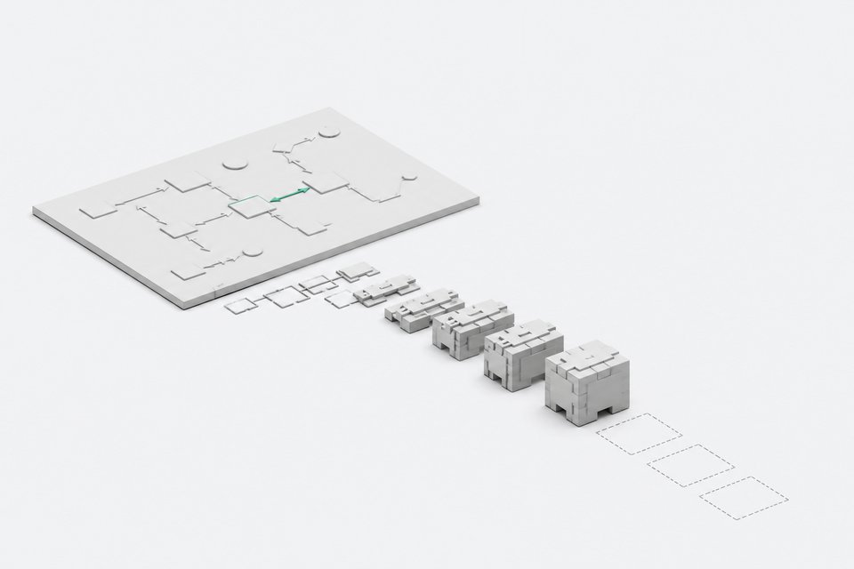 A diagram panel with connected node shapes feeding into a row of blocks that progress from flat outlines to fully formed three-dimensional modules before stopping short, depicting AI code generation from diagrams and its limits.