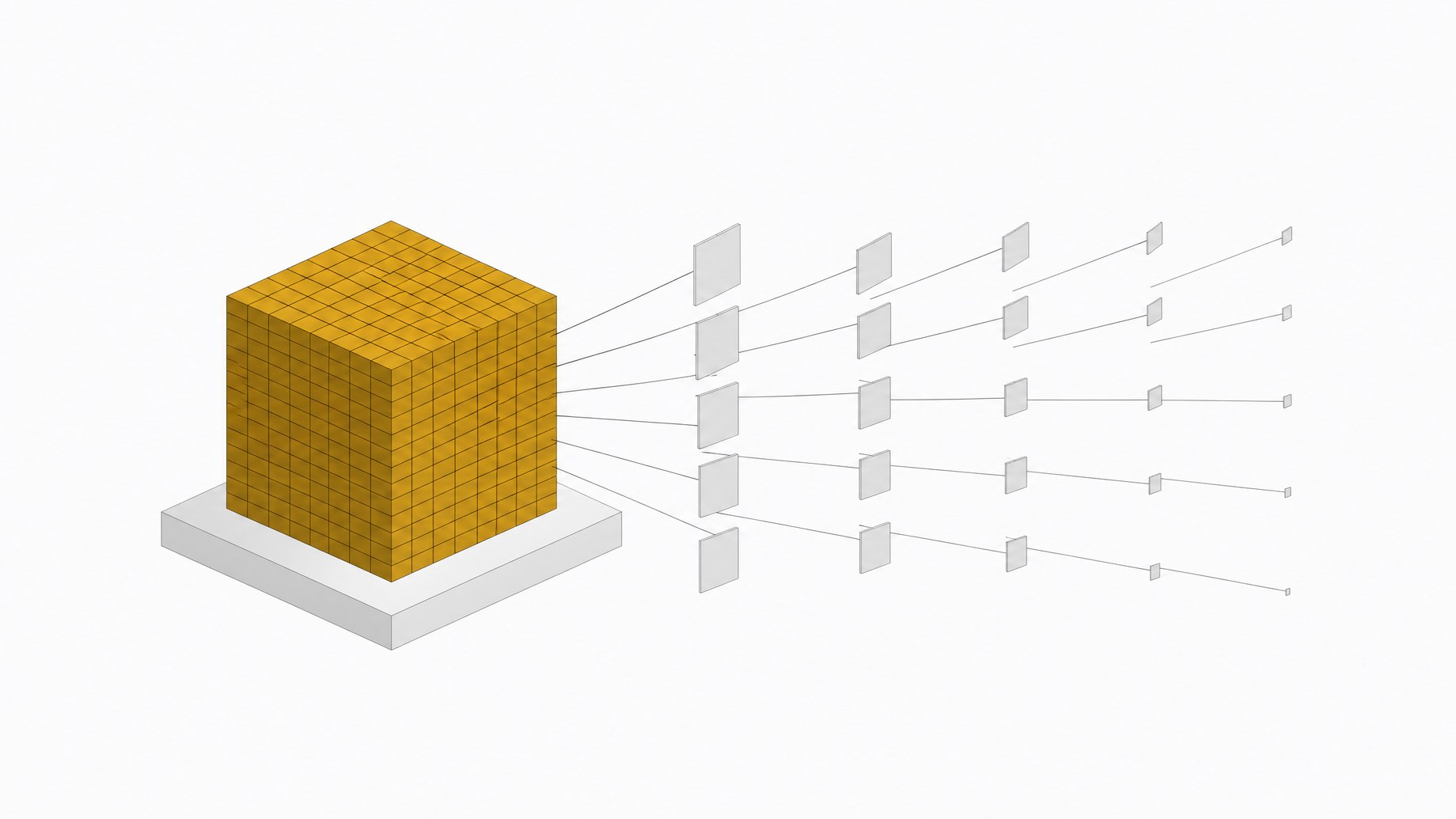 A single dense sealed block of fused processing modules contrasted with a trailing scatter of separate thin metered tokens, representing local LLM hardware versus per-call API usage.