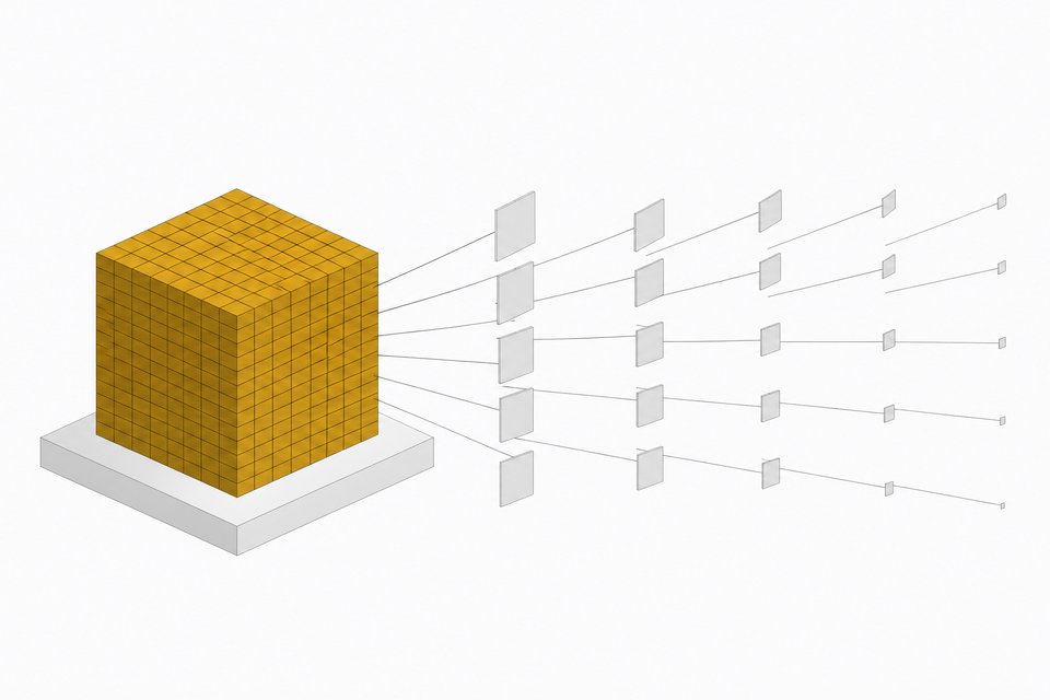 A single dense sealed block of fused processing modules contrasted with a trailing scatter of separate thin metered tokens, representing local LLM hardware versus per-call API usage.