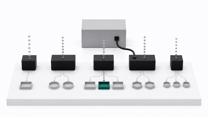Five small distinctly-sized AI model modules on a pedestal each streaming and routing tokens into trays, with one connected to a single small GPU unit behind them.
