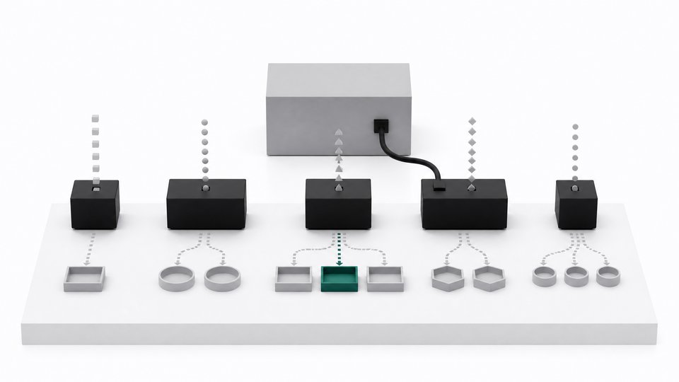Five small distinctly-sized AI model modules on a pedestal each streaming and routing tokens into trays, with one connected to a single small GPU unit behind them.