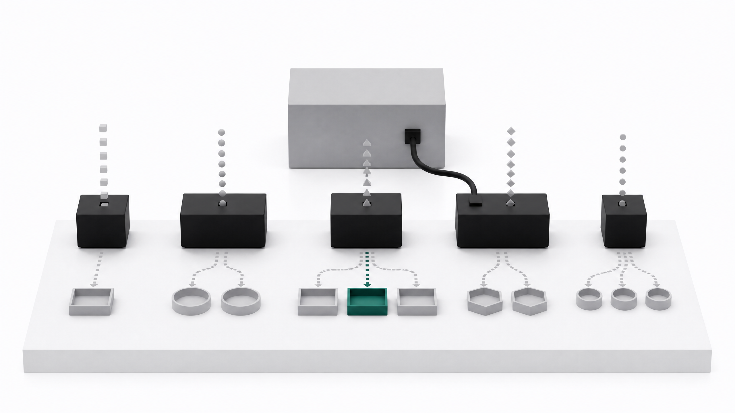 Five small distinctly-sized AI model modules on a pedestal each streaming and routing tokens into trays, with one connected to a single small GPU unit behind them.