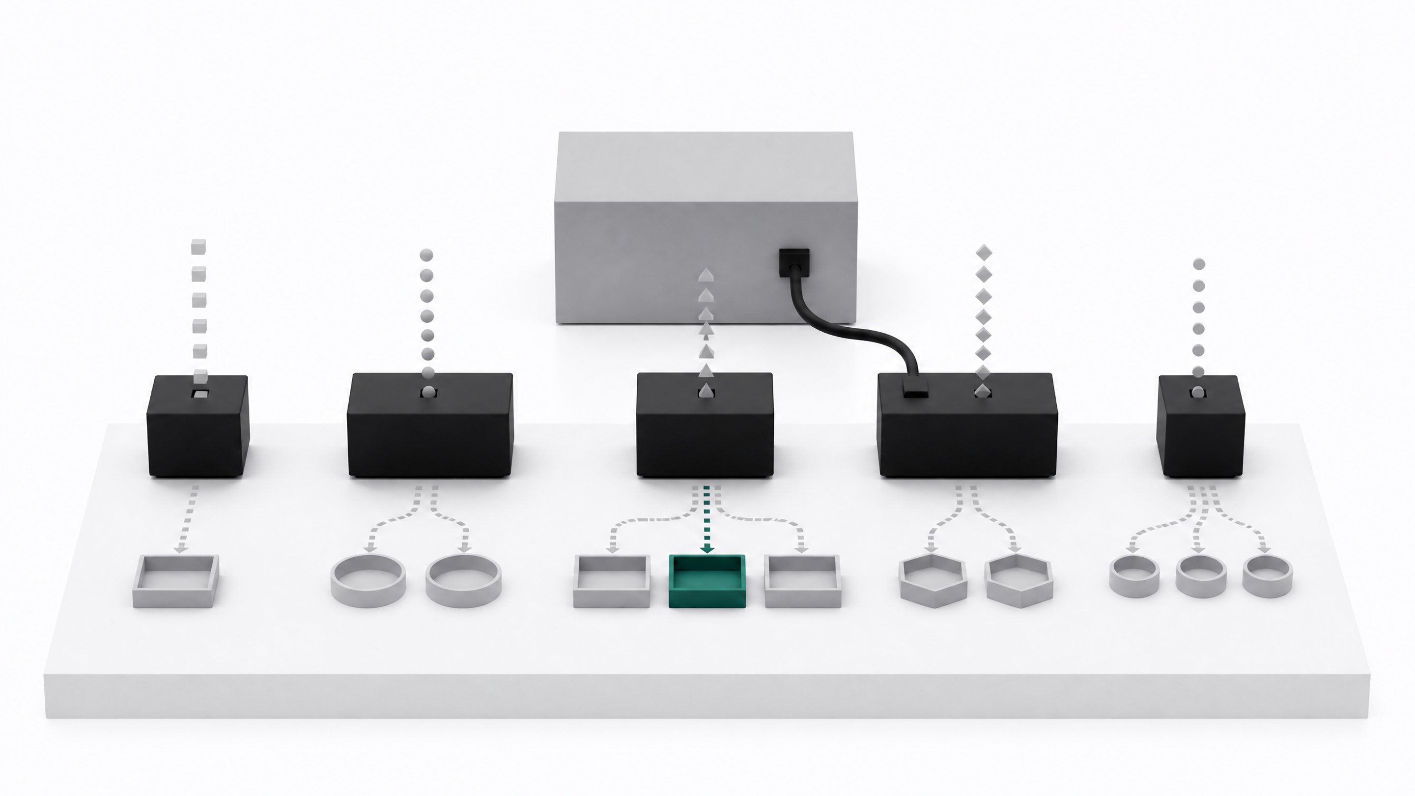 Five small distinctly-sized AI model modules on a pedestal each streaming and routing tokens into trays, with one connected to a single small GPU unit behind them.