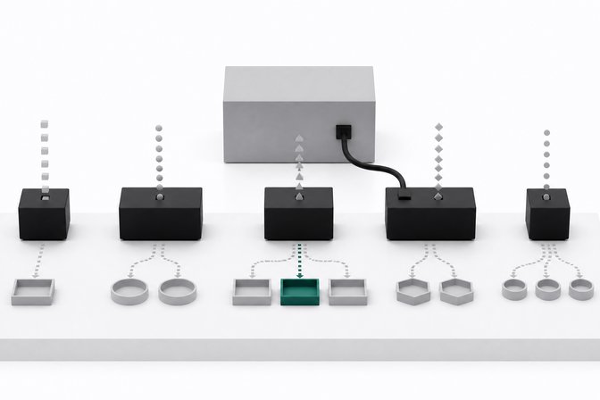 Five small distinctly-sized AI model modules on a pedestal each streaming and routing tokens into trays, with one connected to a single small GPU unit behind them.