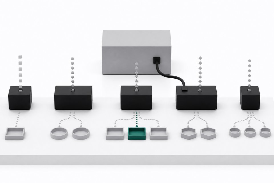 Five small distinctly-sized AI model modules on a pedestal each streaming and routing tokens into trays, with one connected to a single small GPU unit behind them.