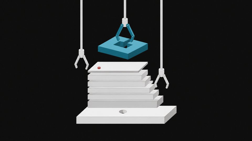 A cutaway, strata-like block representing a structured page, with mechanical extraction probes selectively lifting one distinct layer, illustrating how content gets pulled out piece by piece rather than read as a whole.