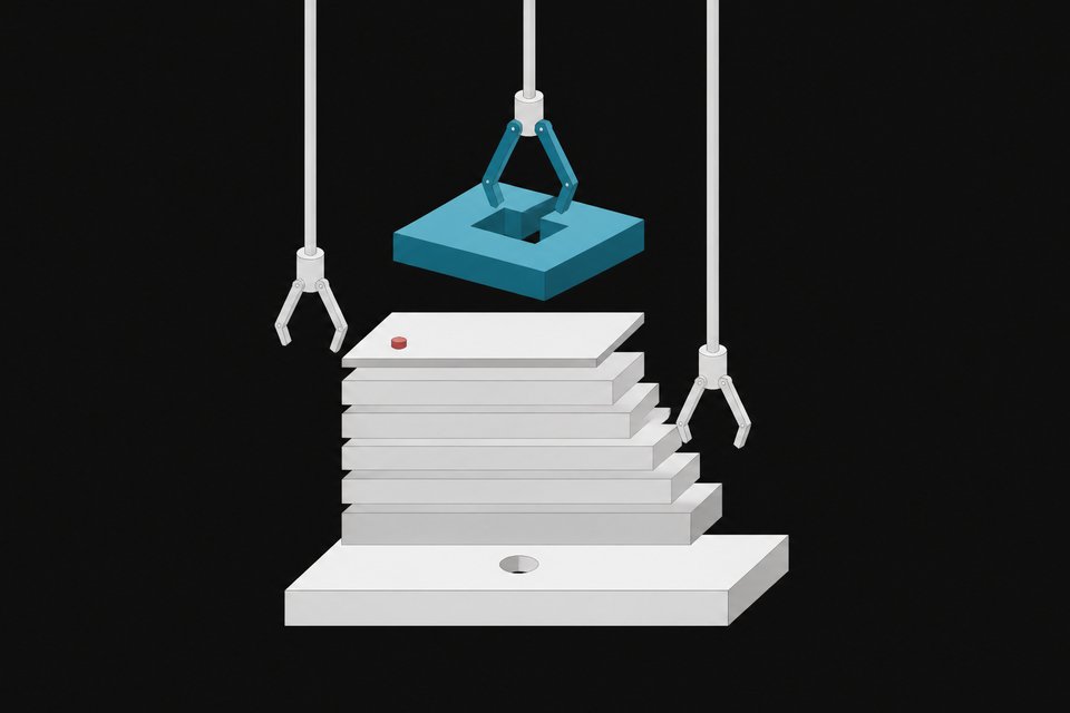 A cutaway, strata-like block representing a structured page, with mechanical extraction probes selectively lifting one distinct layer, illustrating how content gets pulled out piece by piece rather than read as a whole.