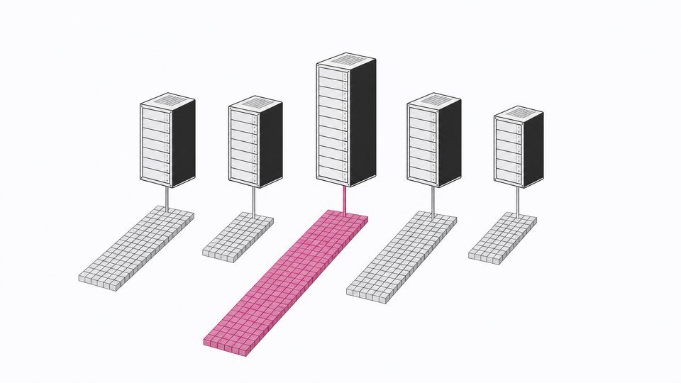 A row of server racks each paired with a floor grid of unit blocks showing the hidden maintenance effort behind self-hosted infrastructure tools, with one tool's cost highlighted in accent color.