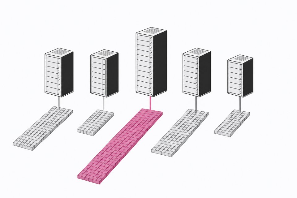 A row of server racks each paired with a floor grid of unit blocks showing the hidden maintenance effort behind self-hosted infrastructure tools, with one tool's cost highlighted in accent color.
