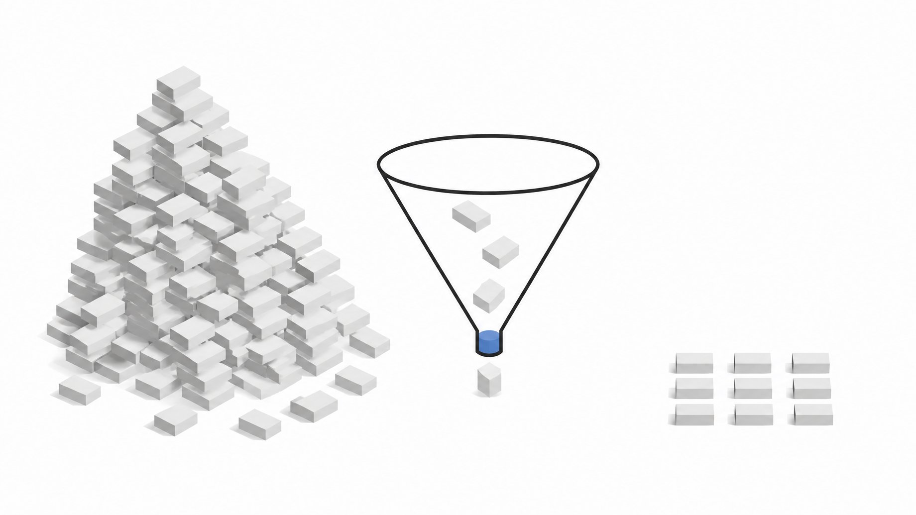 An illustration contrasting a sprawling, disorganized pile of identical blocks with a small, orderly grid of the same blocks, filtered through a funnel between them, representing high software output versus genuinely useful output.