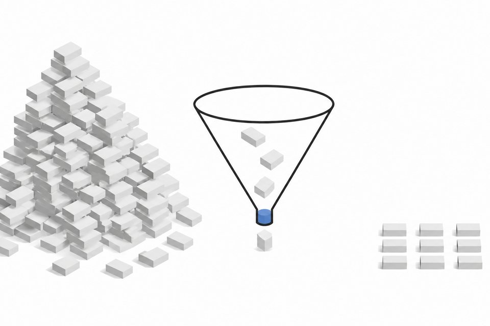 An illustration contrasting a sprawling, disorganized pile of identical blocks with a small, orderly grid of the same blocks, filtered through a funnel between them, representing high software output versus genuinely useful output.