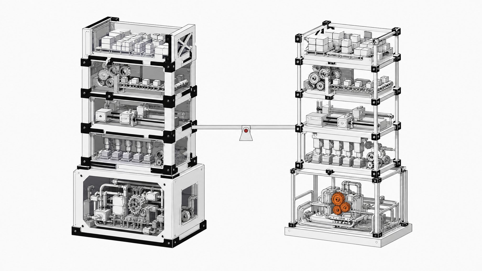 Cutaway comparison of two equally tall modular manufacturing-ERP towers, one dense and heavy-mechanism, one lean and efficient, balanced level on a beam scale.