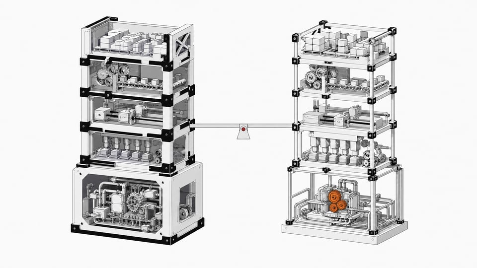 Cutaway comparison of two equally tall modular manufacturing-ERP towers, one dense and heavy-mechanism, one lean and efficient, balanced level on a beam scale.