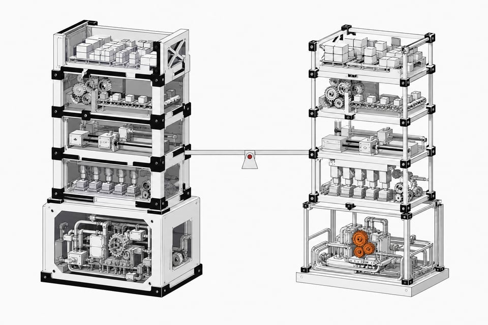 Cutaway comparison of two equally tall modular manufacturing-ERP towers, one dense and heavy-mechanism, one lean and efficient, balanced level on a beam scale.