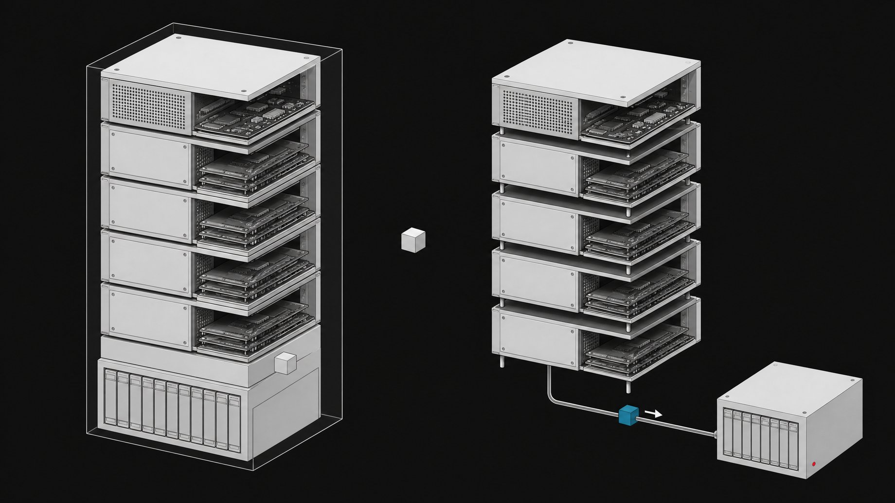 Diagram comparing a self-hosted AI model stack with data kept on local infrastructure versus a cloud AI stack with data flowing out to an external server.